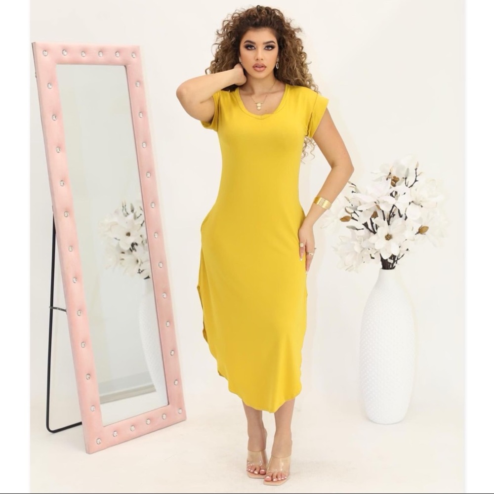 V-NECK TUNIC PLUS SIZE MAXI DRESS Mustard color